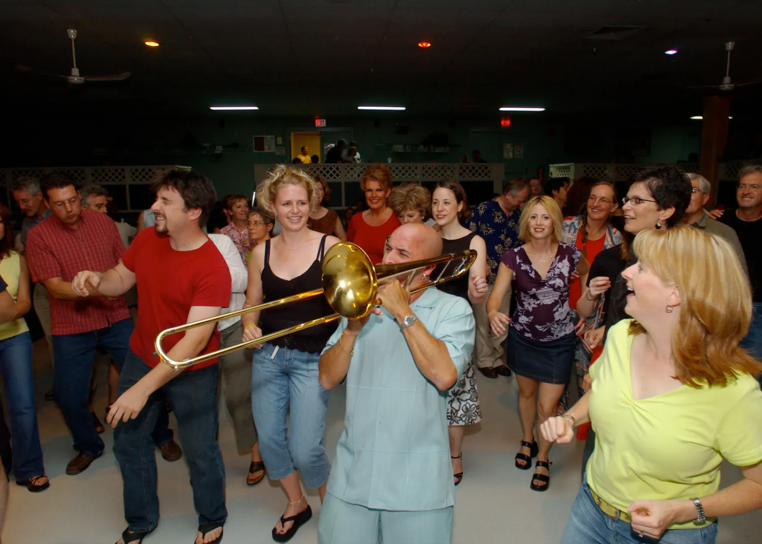 trumpet player in crowd